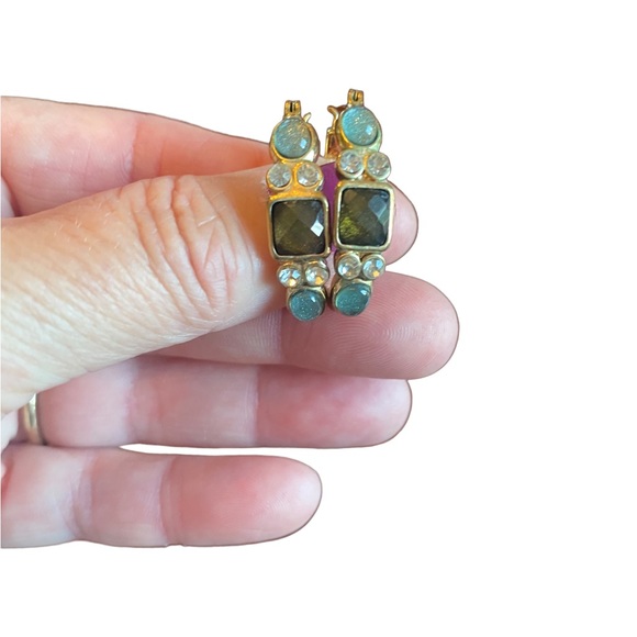 Gold and Rhinestone Hoop Pierced Earrings - Picture 2 of 6